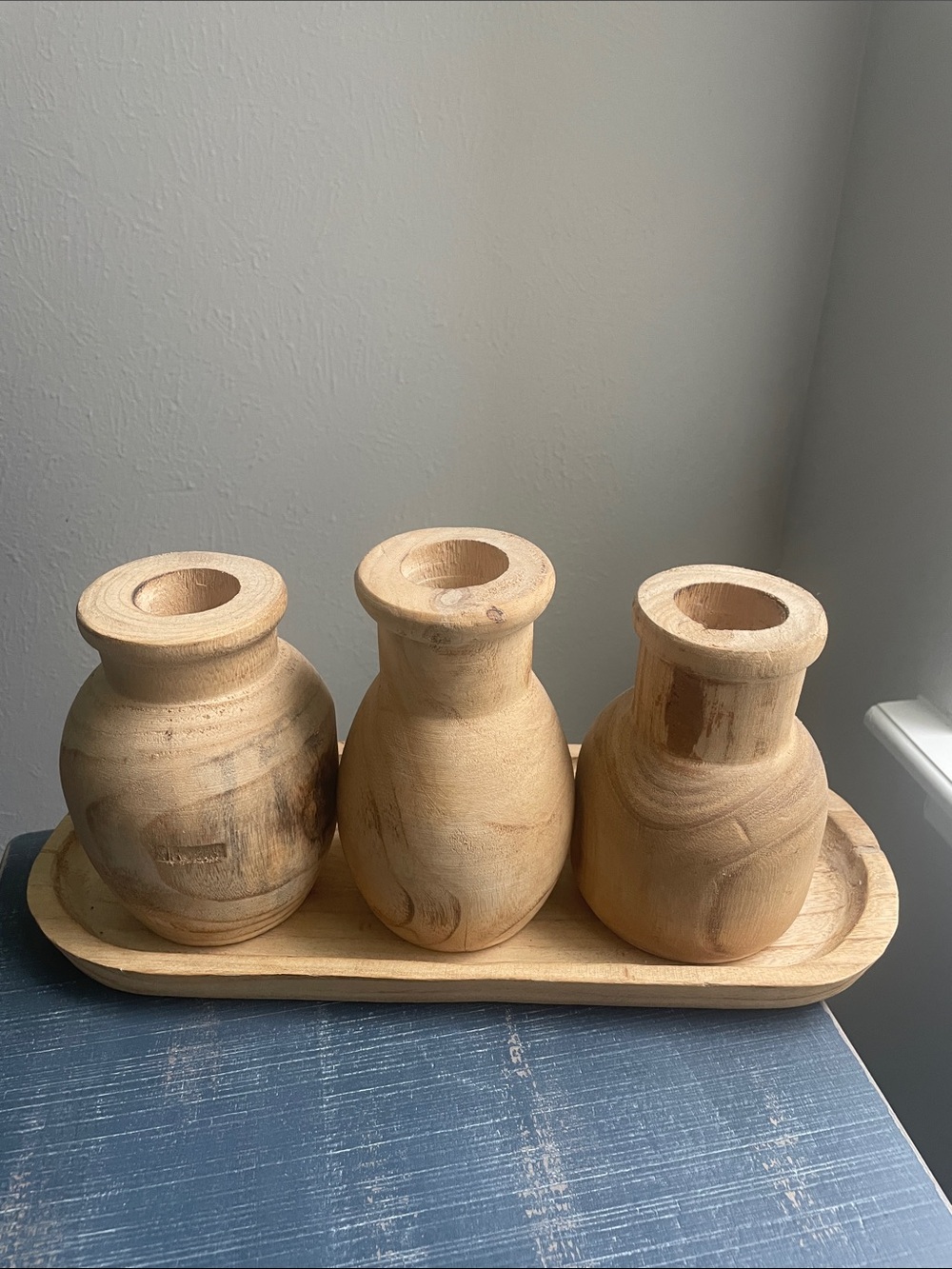 Mud Pie Natural Wood Trio Vases in Light Wood Tones